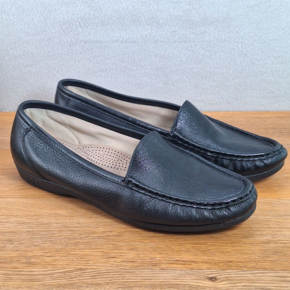 SAS Women's US 10 Wide Simplify Pull-On Leather Flats Black USA Comfort Shoes